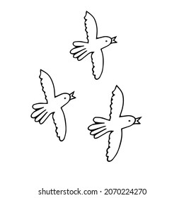 A Hand-drawn black vector illustration of a group of doves is flying on a white background