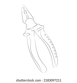 Hand-drawn black vector illustration in line arts style. Metallic tool pliers isolated on a white background