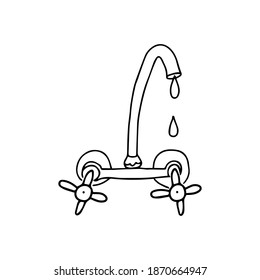 Hand-drawn black vector illustration of metallic mixer tap with water drops isolated on a white background