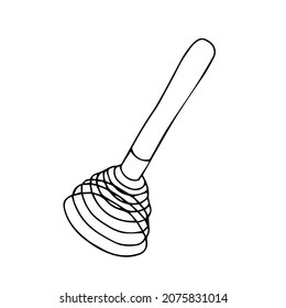 A Hand-drawn black vector illustration of metallic egg whisk with wooden handle isolated on a white background