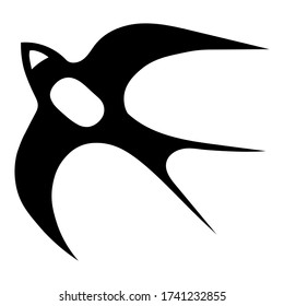 Hand-drawn black vector illustration of one swallow bird is flying on a white background