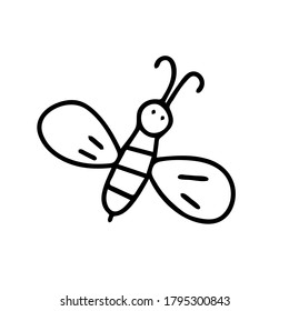 Ilustración de vector negro dibujada a mano de una abeja que vuela sobre un fondo blanco
