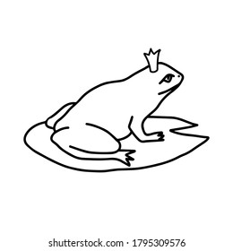 Hand-drawn black vector illustration of one frog in a crown sitting on a water lily leaf on a white background