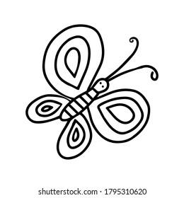 Hand-drawn black vector illustration of one butterfly is flying on a white background