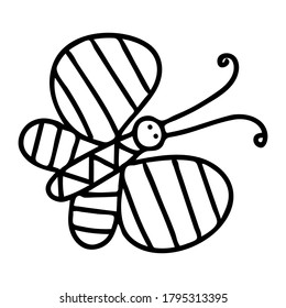 Hand-drawn black vector illustration of one butterfly is flying on a white background