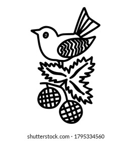 Hand-drawn black vector illustration of one bird is sitting on a branch on a white background