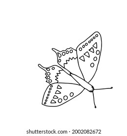 Hand-drawn black vector illustration of one Swallowtail butterfly is flying on a white background