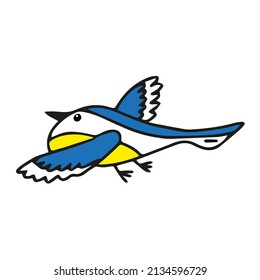 A Hand-drawn black vector illustration of one blue and yellow tit bird is flying on a white background