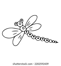 Una ilustración de vector negro dibujada a mano de una libélula vuela sobre un fondo blanco