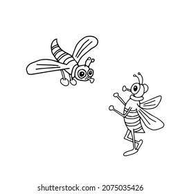 A Hand-drawn black vector illustration of two flies isolated on a white background