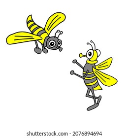 A Hand-drawn black vector illustration of two yellow and gray flies isolated on a white background