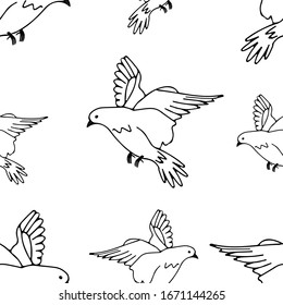 A hand-drawn black vector seamless pattern illustration of group of pigeons are flying on a white background