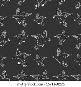 A hand-drawn black vector seamless pattern illustration of group of pigeons are flying on a white background
