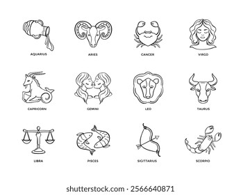 Hand-drawn black and white astrological zodiac signs pack. Each icon captures the unique essence of the zodiac, perfect for use in horoscopes, astrology apps, spiritual websites, or mystical design p