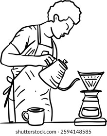 Hand-Drawn Black and White Barista Brewing Coffee Manual Brew Pour Over Doodle Illustration