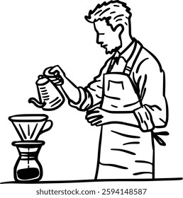 Hand-Drawn Black and White Barista with Dripper and Kettle Doodle Illustration