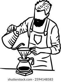 Hand-Drawn Black and White Barista Making Pour Over Coffee Doodle Illustration