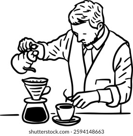 Hand-Drawn Black and White Barista Preparing Manual Brew Coffee Doodle Illustration