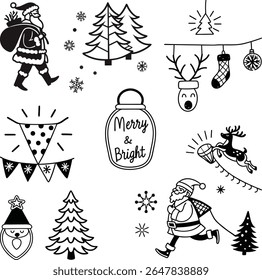 Hand-drawn black and white Christmas elements including Santa, reindeer, trees, snowflakes, and holiday decorations. Perfect for festive designs and greeting cards.