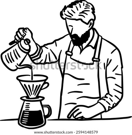 Hand-Drawn Black and White Coffee Brewer Pouring Hot Water Doodle Illustration