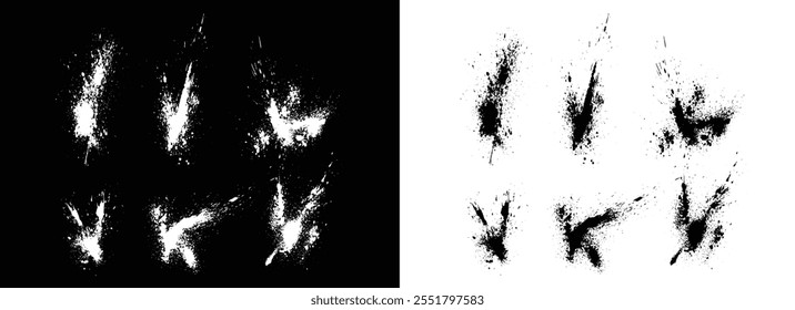 Dibujado a mano de color blanco y negro tinta de Vector de pintura de diferentes grunge pincel golpe de sangre salpicadura de fondo conjunto
