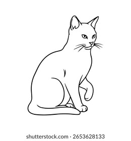 Desenho de linha contínua preto e branco desenhado à mão de gato sentado de frente para a direita com expressão estoica e cauda curva sobre fundo branco