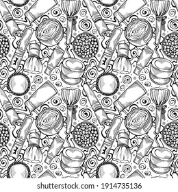 cosméticos blancos y negros hechos a mano y diseño sin fisuras. Productos y herramientas de belleza - rímel, lápiz labial, cepillo, polvo, crema. Accesorios para mujer. Ilustración del vector