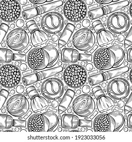 Hand-drawn black and white cosmetics and makeup seamless pattern. Beauty products and tools - lipstick, brush, powder, cream, eyeshadow. Accessories for woman. Vector illustration