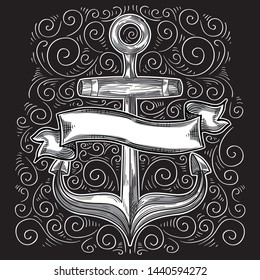 Hand-drawn black and white decorative anchor emblem