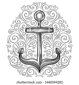 Handdrawn Black White Decorative Anchor Emblem Stock Vector (Royalty ...