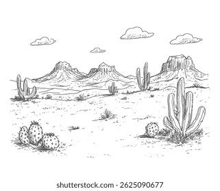 Hand-drawn black and white desert prairie with cactuses and Western mountains. Rodeo cowboy scene in vintage ink style. Ideal for backgrounds, prints, or coloring pages.