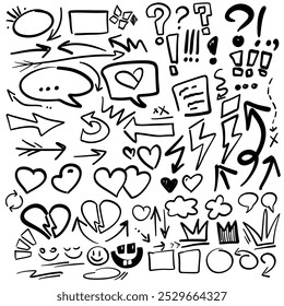 Handgezeichnete schwarz-weiße Doodle-Symbole mit Pfeilen, Herzen, Sprechblasen, Fragezeichen, abstrakte Symbole für digitale Aufkleber, Grafikdesign, Präsentationen, Web-Symbole einzeln auf weißem Hintergrund