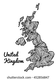 Hand-drawn black an white doodle map of United Kingdom of Great Britain and Northern Ireland. Geography and english tourism zentangle illustration of England, Scotland and Wales in sketch art style.