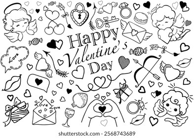 Hand-drawn black and white doodle set featuring cute angels, hearts, love letters, bows, arrows, and romantic symbols. Perfect for Valentine's Day cards, decorations, and love-themed projects