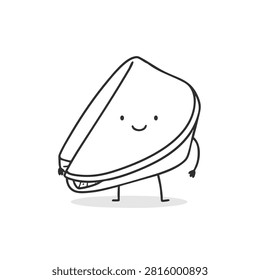 A hand-drawn black and white doodle of a smiling fortune cookie character standing on two thin legs with a friendly expression