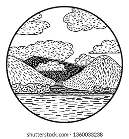 Hand-drawn black and white doodle vector illustration with Scottish Highlands loch landscape. Scotland tourism concept. Round design for drink coaster, magnet. Ready for screenprint, plotter.