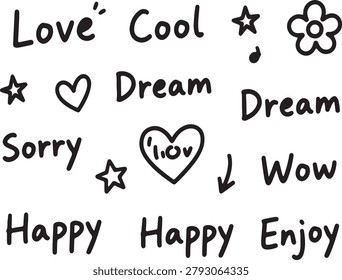 Hand-Drawn Black And White Doodles With Words Love Dream Happy Sorry Cool Wow Enjoy.
