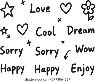 Hand-Drawn Black And White Doodles With Words Love Dream Happy Sorry Cool Wow Enjoy.
