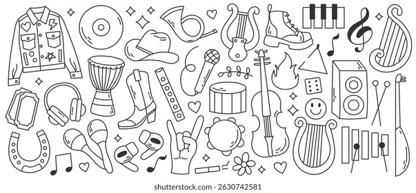 Ícones de festival de música em estilo doodle preto e branco desenhados à mão. Ilustrações lineares de instrumentos, fones de ouvido, vinil e notas. Ideal para colorir livros, cartazes, adesivos, e projetos temáticos de jovens.
