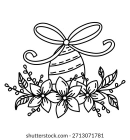 Un huevo de Pascua dibujado a mano en blanco y negro envuelto con un Grande lazo y rodeado de flores y hojas. Elegante y festivo, ideal para tarjetas, manualidades de bricolaje, uso digital. Ilustración de arte de línea de Vector 