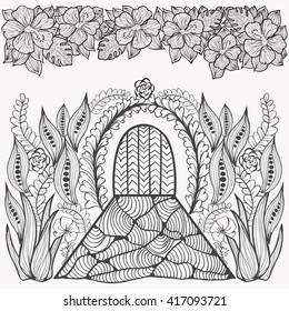  Hand-drawn Black and white  fantasy picture. Flowers, leaf and door Gardening theme. Vector ethnic pattern can be used for wallpaper, coloring books and pages for kids and adults.