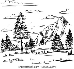 Hand Drawn Mountains Dreamcatcher Trees Vector Stock Vector (Royalty ...