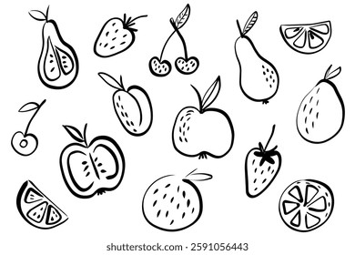 Hand-Drawn Black and White Fruit Doodle  – Minimalist Outline Illustration of Apples, Pears, Cherries, Strawberries, Oranges, and Lemons for Design, Textiles, and Digital Use