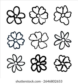 Hand-Drawn Black and White Grunge Flower Icons, Sketch Style Floral Vector Set.   