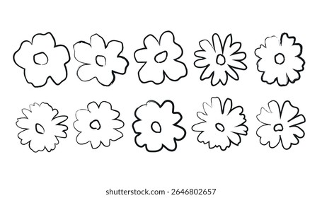 Hand-Drawn Black and White Grunge Flower Icons, Sketch Style Floral Vector Set.   