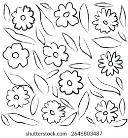 Hand-Drawn Black and White Grunge Flower Pattern, Sketch Style Floral Vector Pattern.   
