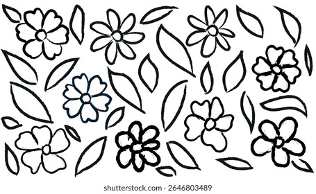 Hand-Drawn Black and White Grunge Flower Pattern, Sketch Style Floral Vector Pattern.   