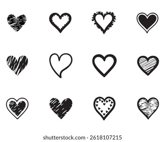 Hand-Drawn Black and White Heart Clipart Collection Icons, Vector Illustrator EPS Fully Editable File.