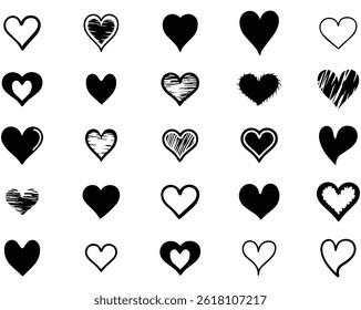 Hand-Drawn Black and White Heart Clipart Collection Icons, Vector Illustrator EPS Fully Editable File.