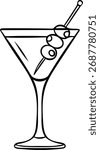 Hand-drawn black and white icon of an elegant margarita cocktail with olives, sketch style illustration of a classic martini drink. Simple doodle for bar menu and luxury themes